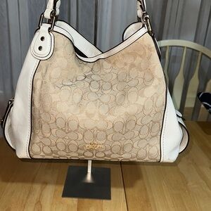 Coach 2016 Edie Signature Canvas Hobo Bag in Beige and White